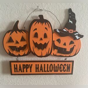 Happy Halloween Distressed Orange Pumpkins Wall Decor Wire hanged 12x11 approx.